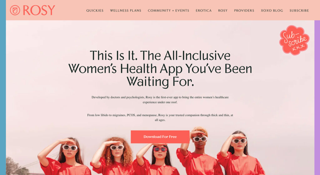 Rosy Wellness bold femtech website copy
